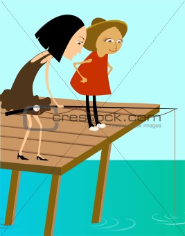 boy and girl fishing in a lake