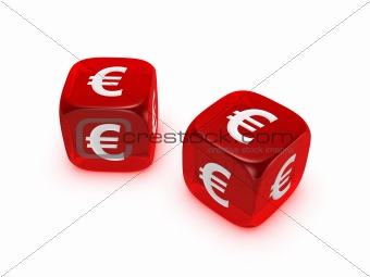 pair of translucent red dice with euro sign