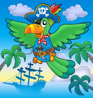 Flying pirate parrot with boat