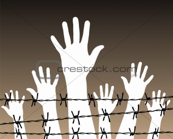 hands behind a barbed wire prison