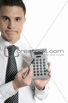 Businessman with calculator showing reports