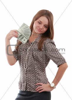Girl with fan of dollar