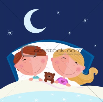 Siblings - boy and girl sleeping and dreaming in bed