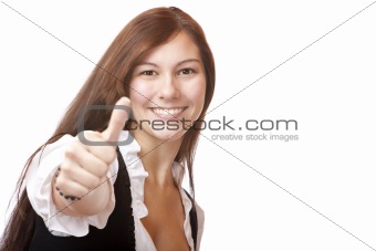Young beautiful Bavarian Woman in Dirndl showing thumb up