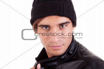 handsome man with a hood; isolated on white background. studio shot