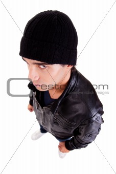 handsome man with a hood view from above; isolated on white background. studio shot