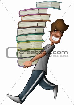 boy holding a lot of books