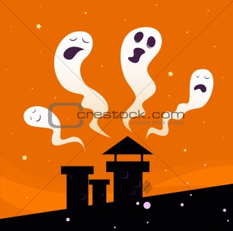 Halloween night: Spooky ghost characters isolated on orange background