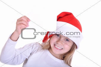 cute little smiling Santa girl with a banner