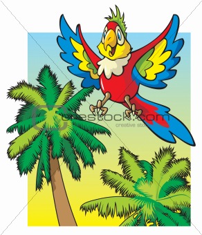 Parrot flying above the palm trees