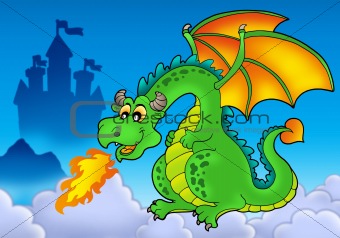 Green fire dragon with castle