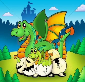 Dragon mom with baby in forest