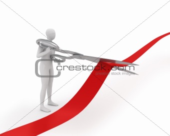3D white man cuts ribbon with large scissors
