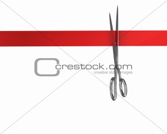 Scissors cut the red ribbon, top view