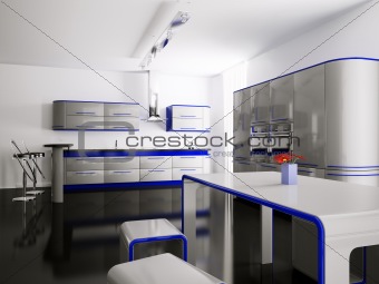 Interior of gray blue kitchen 3d