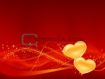 Romantic background in red with two golden hearts