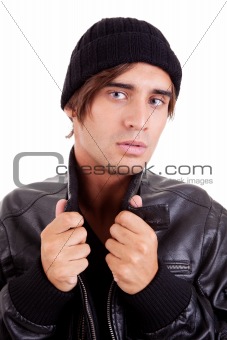 boy with a black hood; isolated on white background. studio shot