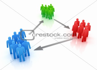 Colorful people groups with arrows. Isolated on white