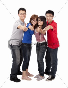 Four happy young student with thumb up