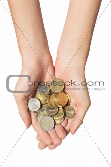 Hands with coins isolated on white background