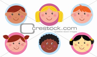 Cute diversity kids icons or buttons - pink and blue