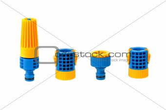 Garden water hose nozzle and connectors isolated on white