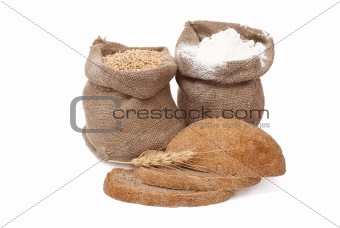 Flour and wheat grain with bread 