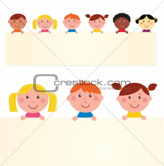 Cute multicultural kids holding banner with blank message sign
