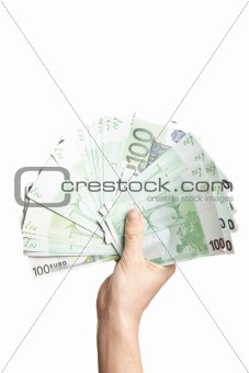 a business man holding cash isolated