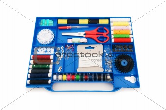 Close up of colourful sewing kit with many items