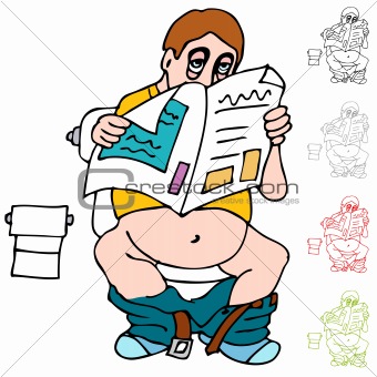 Tired Man Reading Newspaper on Toilet