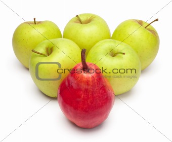 A ripe red pear and green apples