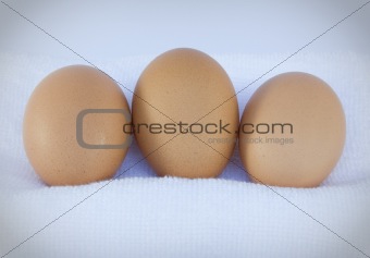 Close up three eggs on white towel