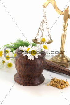 chamomile flowers with mortar and scales