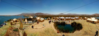 Panaramic view of one of the floating reed islands on Lake Titicaca