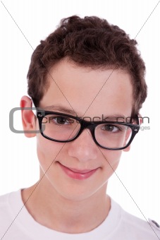 cute boy with glasses, smiling, isolated on white, studio shot