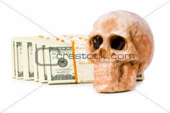 Concept of death and money with skull and dollars