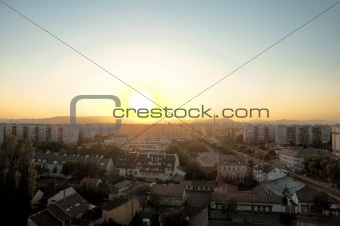 Wide angle shot of a european city with horizon