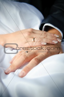 close-up of caucasian couple's hands with wedding rings