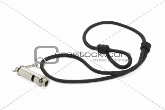 Metal whistle attached to black cord 