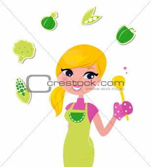 Cooking woman preparing healthy green food isolated on white - v