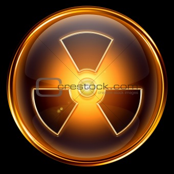Radioactive icon golden, isolated on black background.