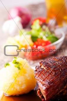 closeup of a bavarian roast pork dish