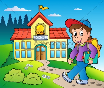 Theme with boy and school building