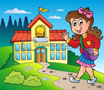 Theme with girl and school building