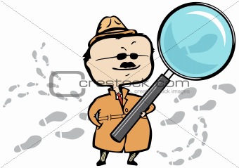 Detective or private investigator with a magnifying glass and footprints - vector illustration
