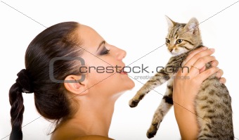 Beautiful woman with adorable kitten