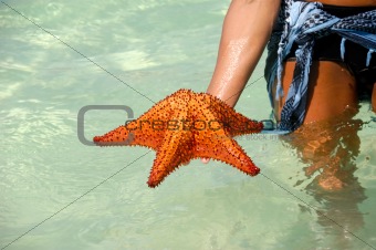 Woman and red starfish