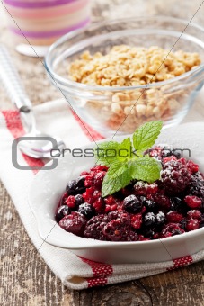 closeup of breakfast cereals with fruits and yoghurt