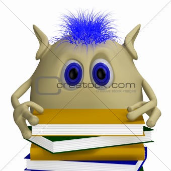 3D puppet hiding behind pile of books